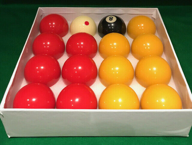 REDS AND YELLOWS POOL BALLS 2",1 7/8 SPOTTED WHITE BALL UK STANDARD SIZE 
